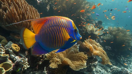 Vibrant angelfish swimming among colorful corals in a saltwater aquarium environment