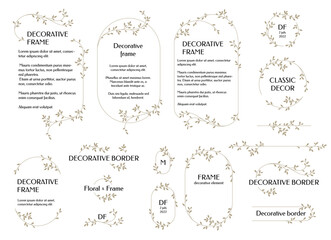 Set of decorative borders, frames, corners and monograms. Graphic design page. Leafy pattern.