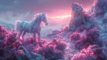fantasy landscape with magic horse on nature background - obrazy, fototapety, plakaty