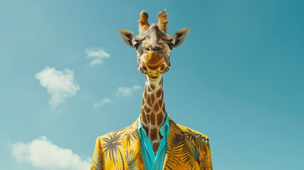 Giraffe in a suit with a unique foliage pattern on a bright blue sky background - obrazy, fototapety, plakaty