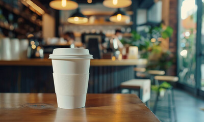 White paper coffee cup mockup at coffee shop