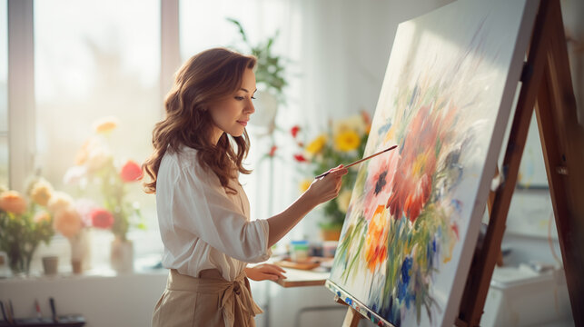 Woman Artist Works on Abstract acrylic painting