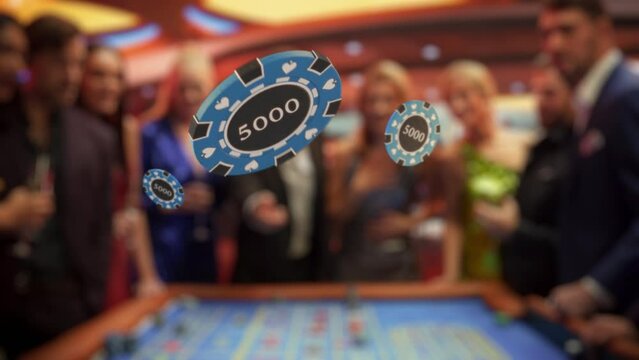 Cinematic Speed Ramp VFX Footage with a Gambler Tossing Three Casino Chips in Front of Camera. Diverse People Playing, Placing Bets on a Roulette. Successful Men and Women Partying in a Casino