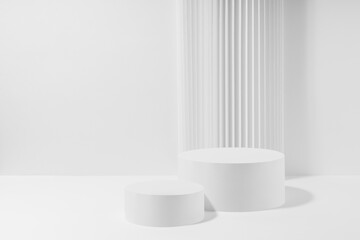 Two white round podiums with striped column as geometric decor, mockup on white background. Template for presentation cosmetic products, gifts, goods, advertising in contemporary black friday style.