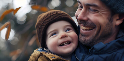 A happy smiling father hugs a cute little son. Close up outdoors family photograph. - 747090124
