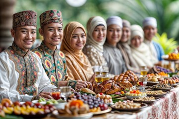 Group of happy muslim people celebrating Eid al-Fitr in the restaurant