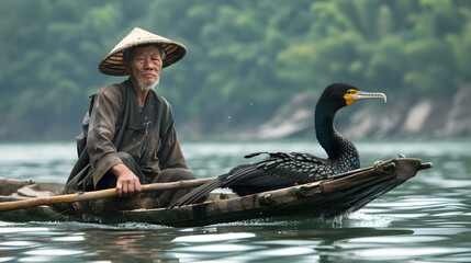The serene beauty of a skilled Chinese fisherman in the midst of his journey along the tranquil waters of Yangtze River,  using cormorant birds to skillfully dive into the water for a bountiful catch.