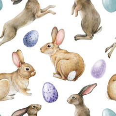 Bunny with eggs Easter decorative seamless pattern. Watercolor illustration. Hand drawn cute bunnies, painted eggs decor. Easter festive decorative seamless pattern with rabbits. White background