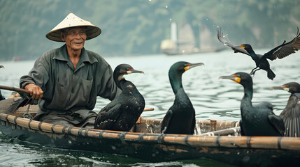 The serene beauty of a skilled Chinese fisherman in the midst of his journey along the tranquil waters of Yangtze River,  using cormorant birds to skillfully dive into the water for a bountiful catch.