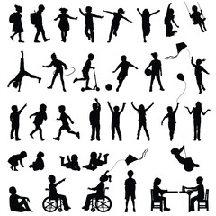 Children silhouettes who playing, standing, running. Black vectoral drawing on white background.