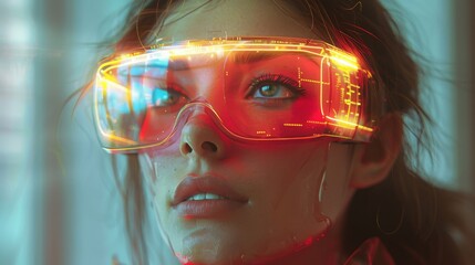 The future of technology concept shows a woman wearing virtual reality glasses. - obrazy, fototapety, plakaty