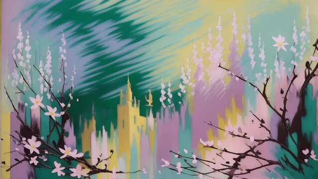 Abstract background with fantasy castle amidst cherry blossoms. Castle's yellow towers stand against streaks of teal and yellow sky, while foreground highlights dark branches with delicate pink flower
