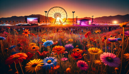 Wildflowers in bloom, Coachella's sunset view with Ferris wheel and stages. Sunset and flowers at Coachella, Ferris wheel lights up, people enjoy. - obrazy, fototapety, plakaty