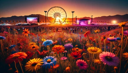 Deurstickers Wildflowers in bloom, Coachella's sunset view with Ferris wheel and stages. Sunset and flowers at Coachella, Ferris wheel lights up, people enjoy. © Chatpisit