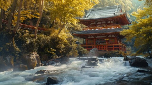 Shaolin Temple by the river. seamless looping 4k animation video background 
