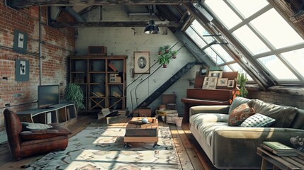 3D rendering of an industrial-style loft living room in the attic.