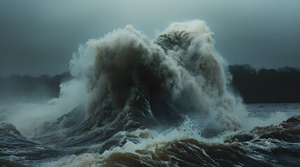 A surging tidal wave, with coastal cliffs as the background, during a powerful ocean storm