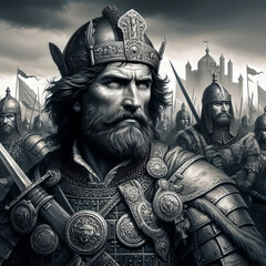 Obraz premium Medieval knight in armor and helmet on the background of battle scenes