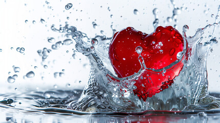 A heart plunges into the water, creating a mesmerizing splash against a clean white canvas