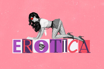 Retro abstract creative artwork template collage of erotica word crawling erotic seductive girl...
