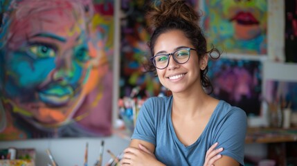 A confident, smiling Hispanic artist sitting with crossed arms in her art studio.