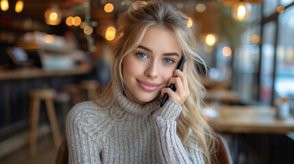 A youthful blond female sits in a conventional caf√© in the city while having a conversation on the phone. Paris, France.