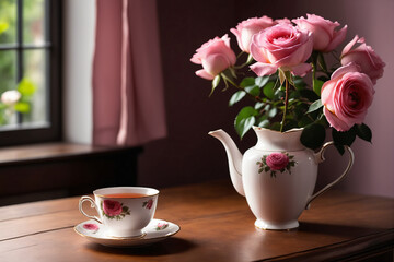 Fototapeta na wymiar A tall blooming pink rose, Wooden table, tea cup, teapot, there are flowers in full bloom