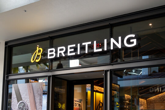 Honolulu, HI,  USA - January 14, 2024: Breitling hanging  sign at their store in a shopping mall in Waikiki, Hawaii. Breitling Watches NZ is New Zealand's Swiss Watch Specialist.