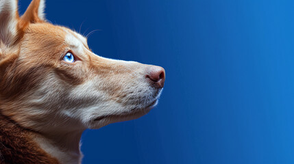 Brown white siberian husky with blue eyes isolated on a blue background. Copy space. Close up.