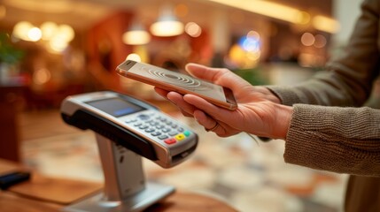Close up of hand making contactless payment with smartphone at terminal for transaction - Powered by Adobe