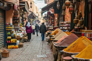 Bustling souk in Marrakech, with narrow alleyways lined with stalls selling spices, textiles, and handicrafts, and the air filled with the sounds of bargaining and chatter. - obrazy, fototapety, plakaty