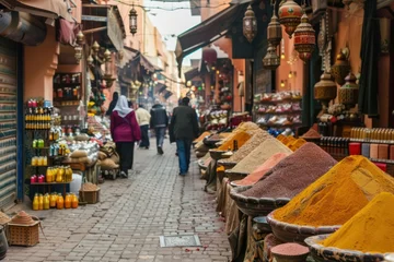 Papier Peint photo Lavable Ruelle étroite Bustling souk in Marrakech, with narrow alleyways lined with stalls selling spices, textiles, and handicrafts, and the air filled with the sounds of bargaining and chatter.