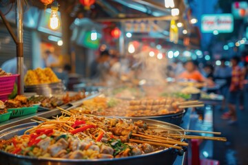 Bustling street food market filled with colorful stalls offering an array of international...