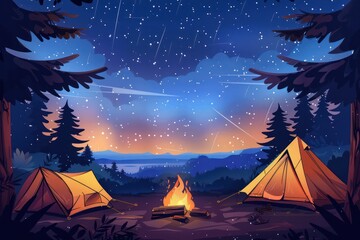 Campfire burning under a starry sky, with tents pitched nearby and the sounds of nature all around. 