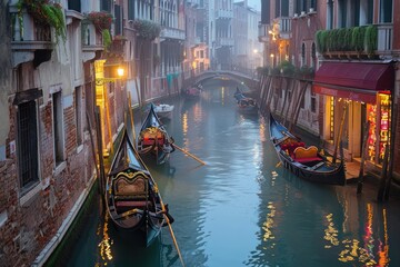 Canal scene in Venice, with gondolas gliding along the waterways, ancient buildings reflected in the water, and the soft glow of streetlights.  - obrazy, fototapety, plakaty