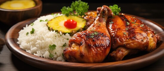 A close-up view of a plate filled with grilled chicken leg, pineapple slices, and fluffy white rice. The food is neatly arranged, showcasing the vibrant colors and textures of the dish.