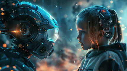 A child and robot engage in a friendly conversation, surrounded by futuristic tech gadgets. A moment of pure wonder and technological marvel.