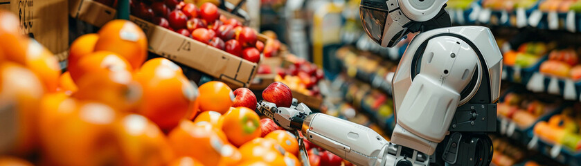 A robot with sensory technology smelling fruits to check their ripeness, highlighting advances in agricultural robotics. - obrazy, fototapety, plakaty