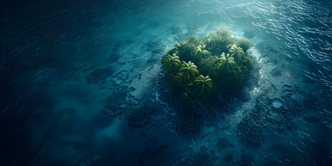 Fototapeta na wymiar Erial view of small exotic atoll islands in the open ocean sea beautiful nature 3d illustration