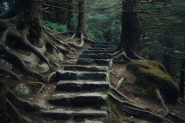 Old stone stairs wind upward through a lush pine forest, surrounded by intricate roots on the forest flow  - Powered by Adobe