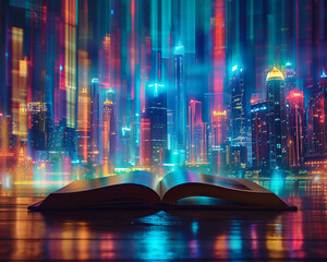 A book on a desk, its pages casting beams of light that shape a futuristic city skyline, symbolizing hope and progress.