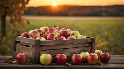 Apples in Container On Table At Sunset - Autumn And Harvest Concept 
Red Apples on the Table With Sunny Orchard Background apples in wooden crate on background generative ai 