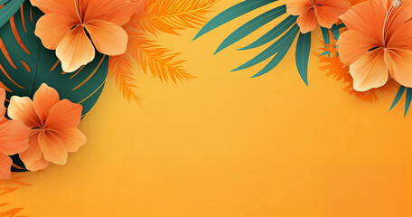 Fototapeta na wymiar a yellow background with orange flowers and leaves on it, with a white center surrounded by green leaves and orange flowers, generative ai
