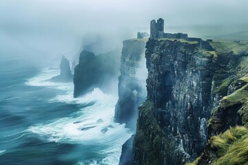 Cliffside castle perched high above the crashing waves of the sea, with rugged cliffs and swirling...