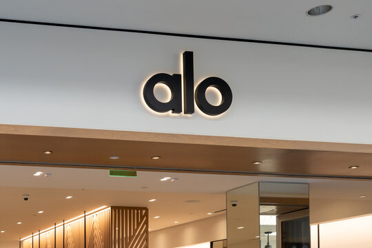 Honolulu, HI,  USA - January 14, 2024: Close-up Alo store sign at their store in a shopping mall in Waikiki, Hawaii. Alo Yoga is an American athletic apparel retailer.  