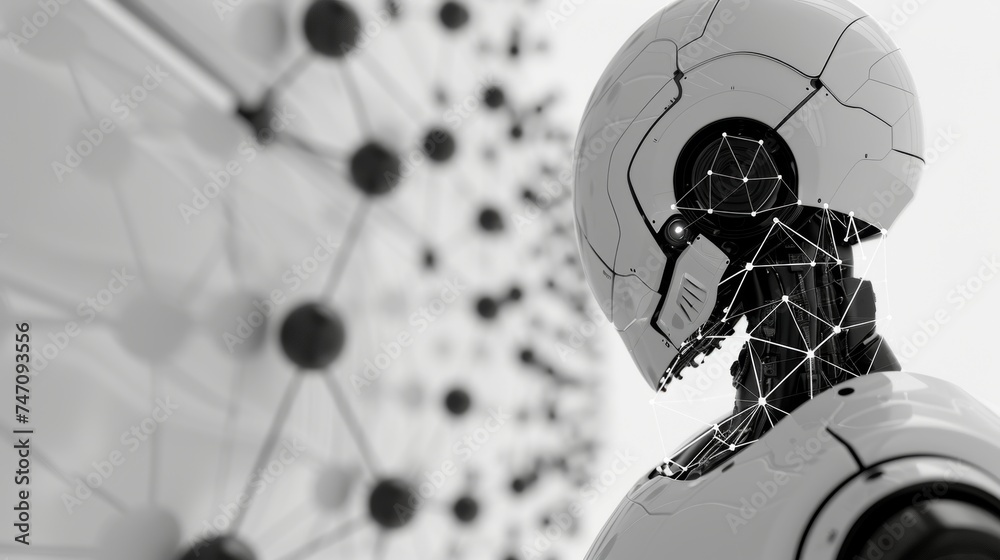 Poster futuristic white robot connecting with digital network in mesmerizing 3d rendering.