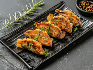 Delicious fried gyoza dumplings on a black rectangular plate. view from above.