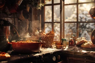 Foto op Plexiglas Cozy winter scene, with a steaming pot of hearty stew simmering on the stove and crusty bread baking in the oven.  © Straxer