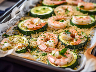 the courgettes cut into pieces with the seasoned prawns and sprinkled with the breadcrumbs