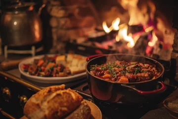 Foto op Canvas Cozy winter scene, with a steaming pot of hearty stew simmering on the stove and crusty bread baking in the oven. © Straxer